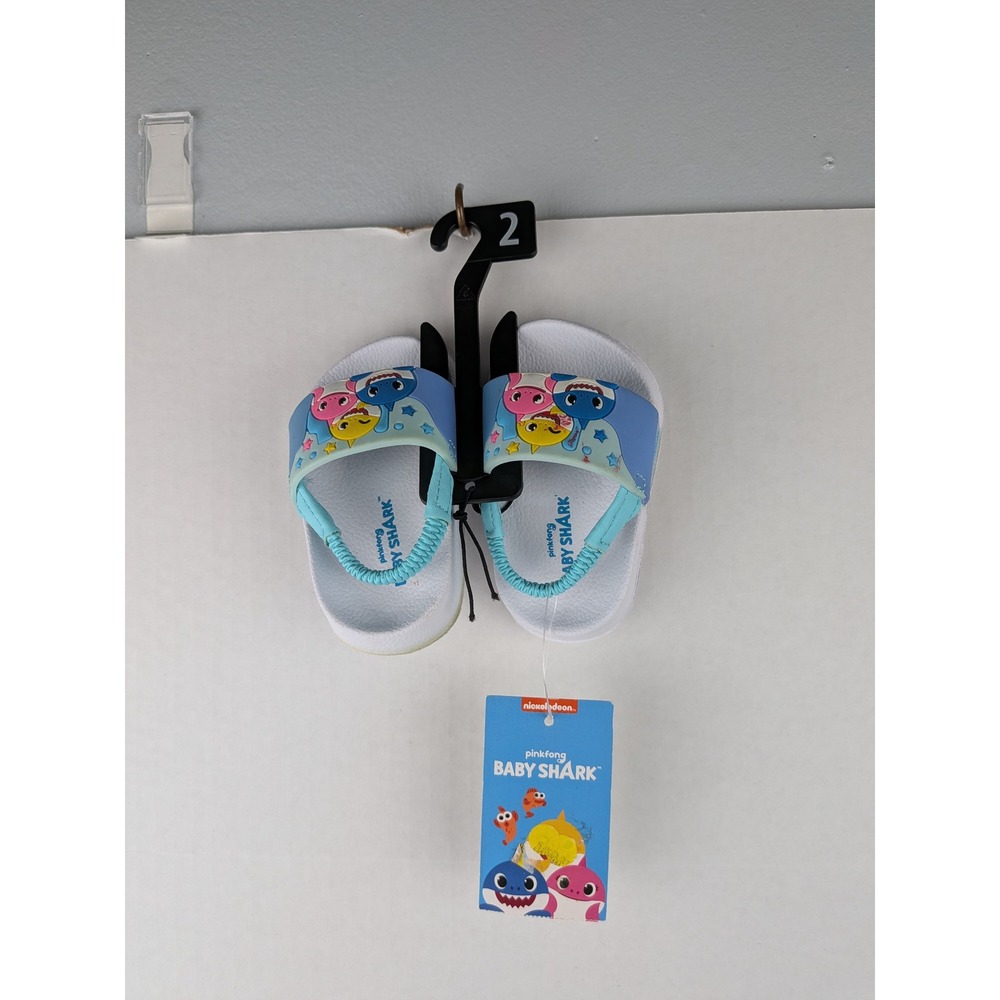 Baby Shark Infant Slide Sandals Blue White Elastic Back Strap Size 2